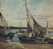 camille corot Trouville Fishing Boats Stranded in the Channel (mk40) oil on canvas